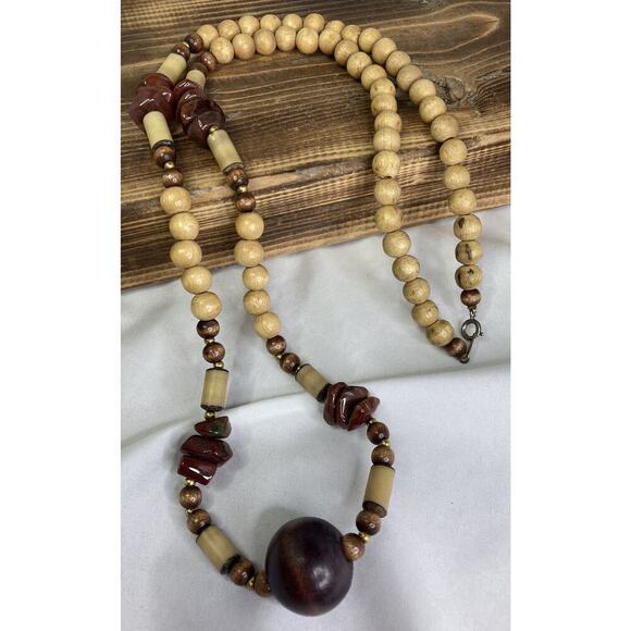 Vintage Ethnic Boho Wood & Jasper Beaded Necklace 29.5” L Signed Kim - Picture 5 of 7